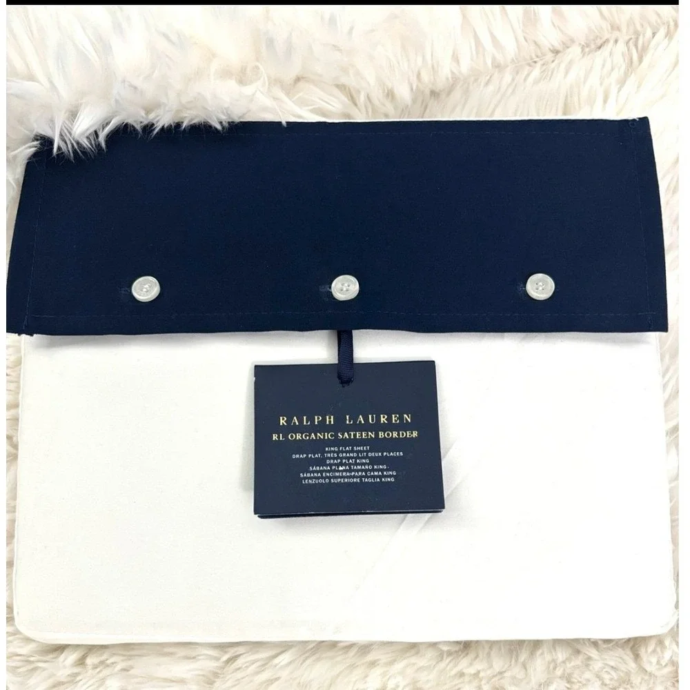 NWT Ralph Lauren Organic Sateen Border King Flat Sheet‎ 624 TC Navy White $215
